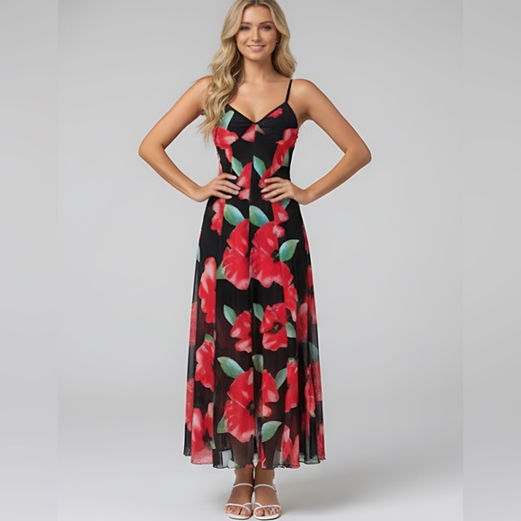 By Design Dresses & Skirts - Chiffon Floral Print Overlay Hem Dress